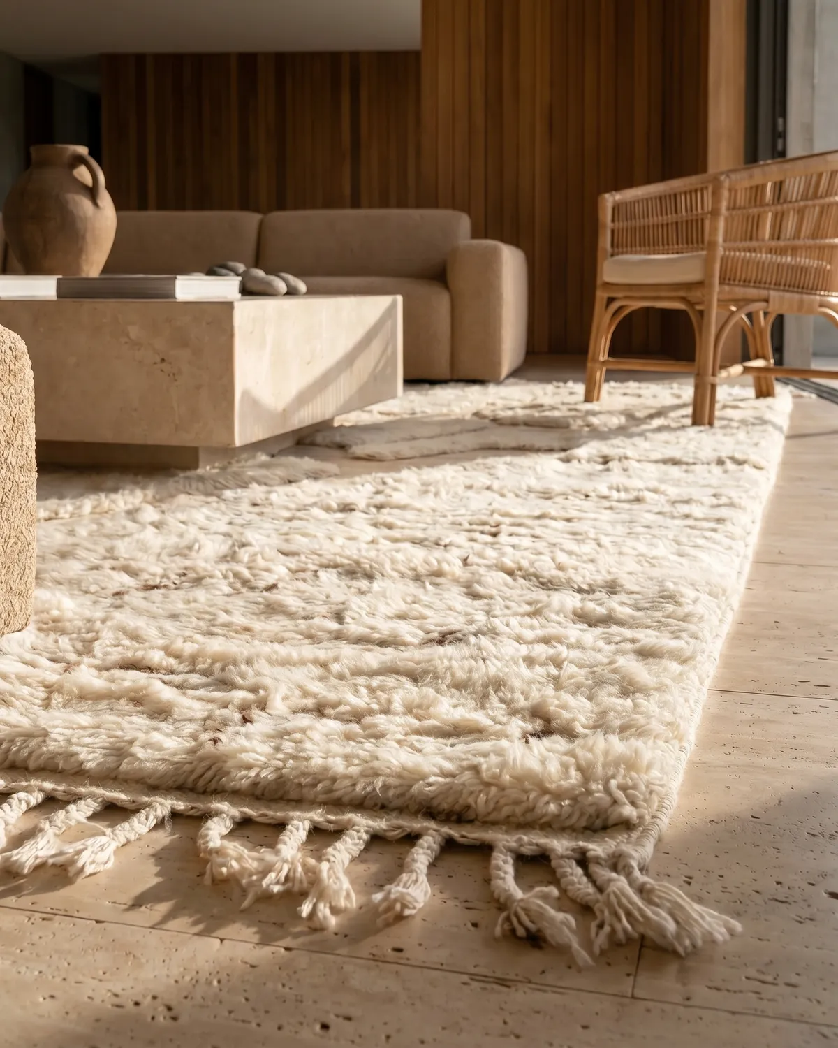 Coco M'Rirt rug detail – low-angle view of dense ivory wool pile and knotted fringe in a warm timber interior with terracotta vessel