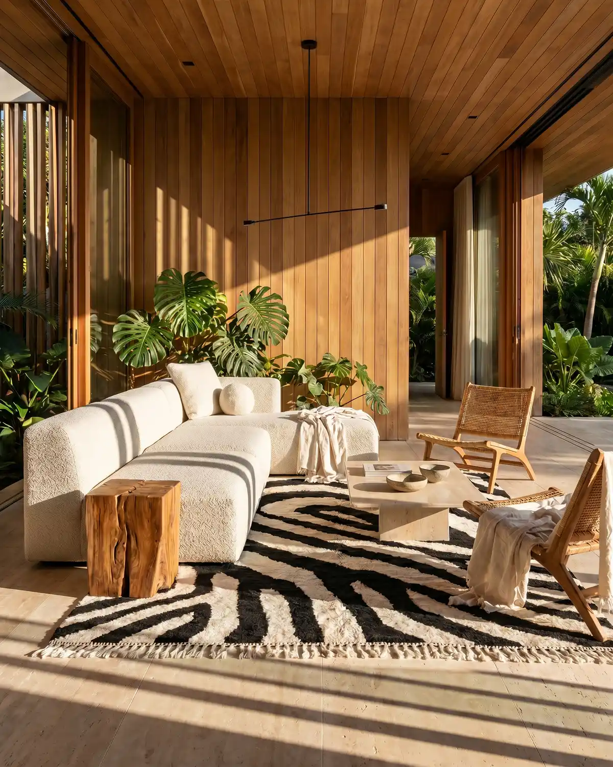 Jade zebra Moroccan wool rug – full interior view in a warm wood-panelled room with white sofa and rattan chairs
