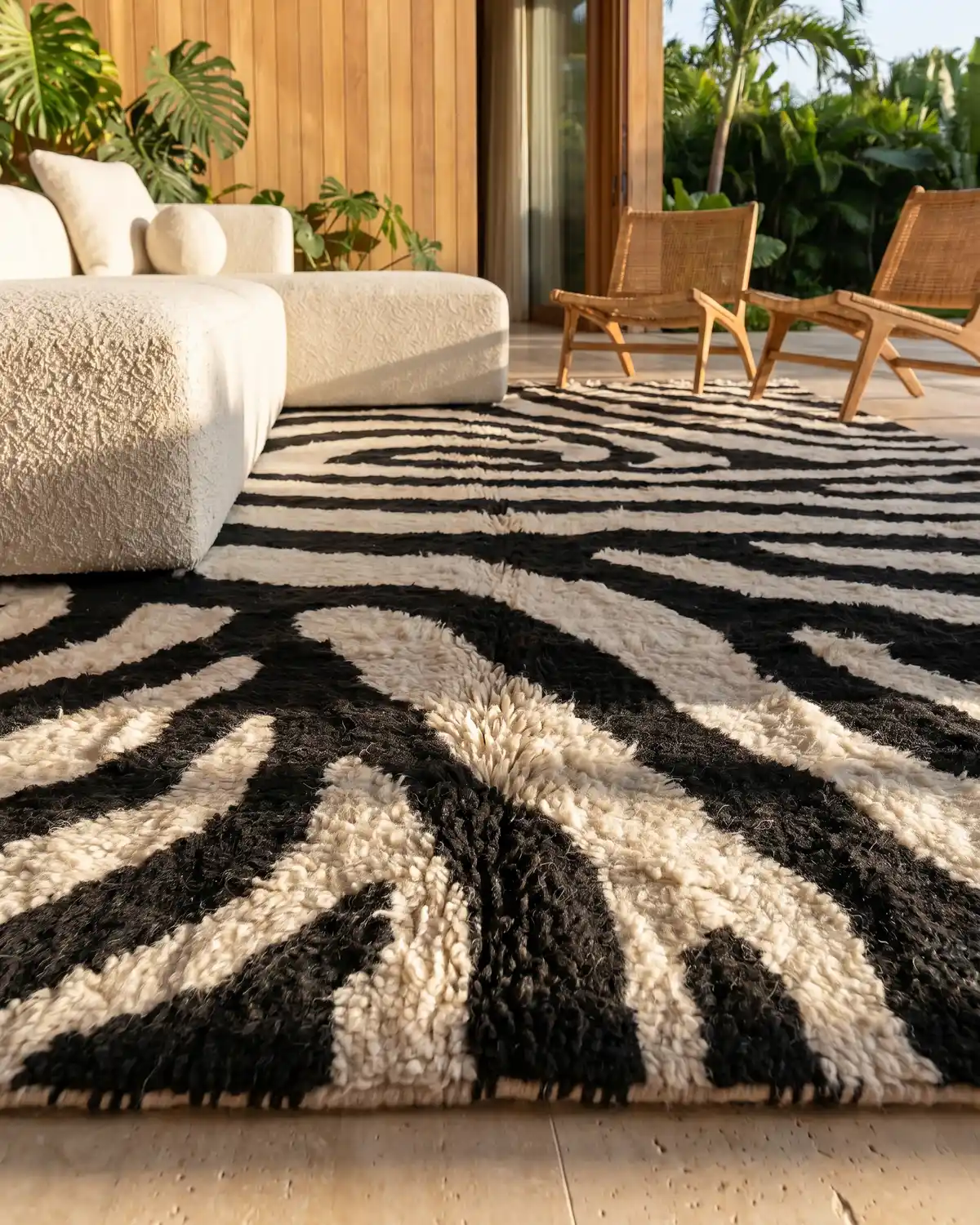 Jade Moroccan rug – close-up of dense black and white wool texture with graphic zebra motif