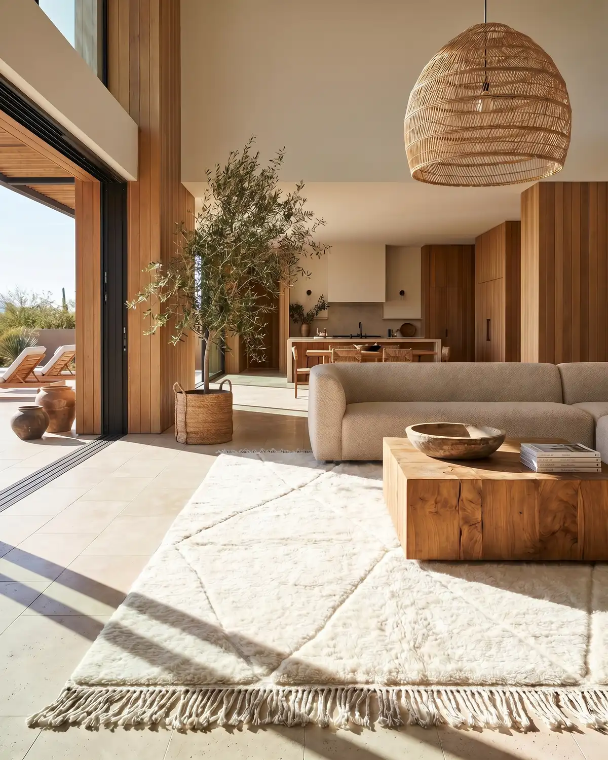 Lou white Moroccan rug – full interior view in an open living room with wood coffee table and rattan pendant light