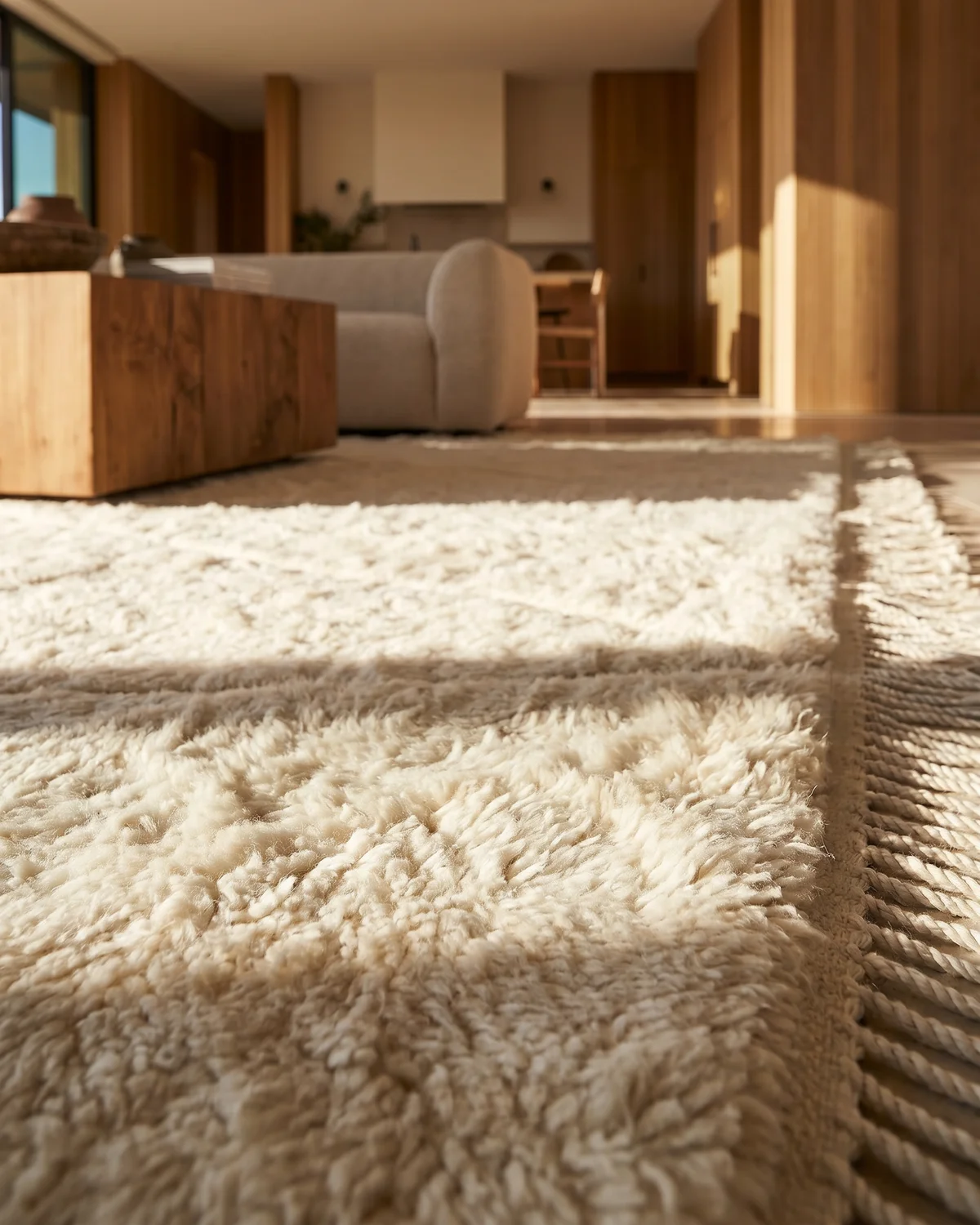 Lou shaggy ivory Moroccan rug – ground-level close-up of dense wool texture in a warm wood interior
