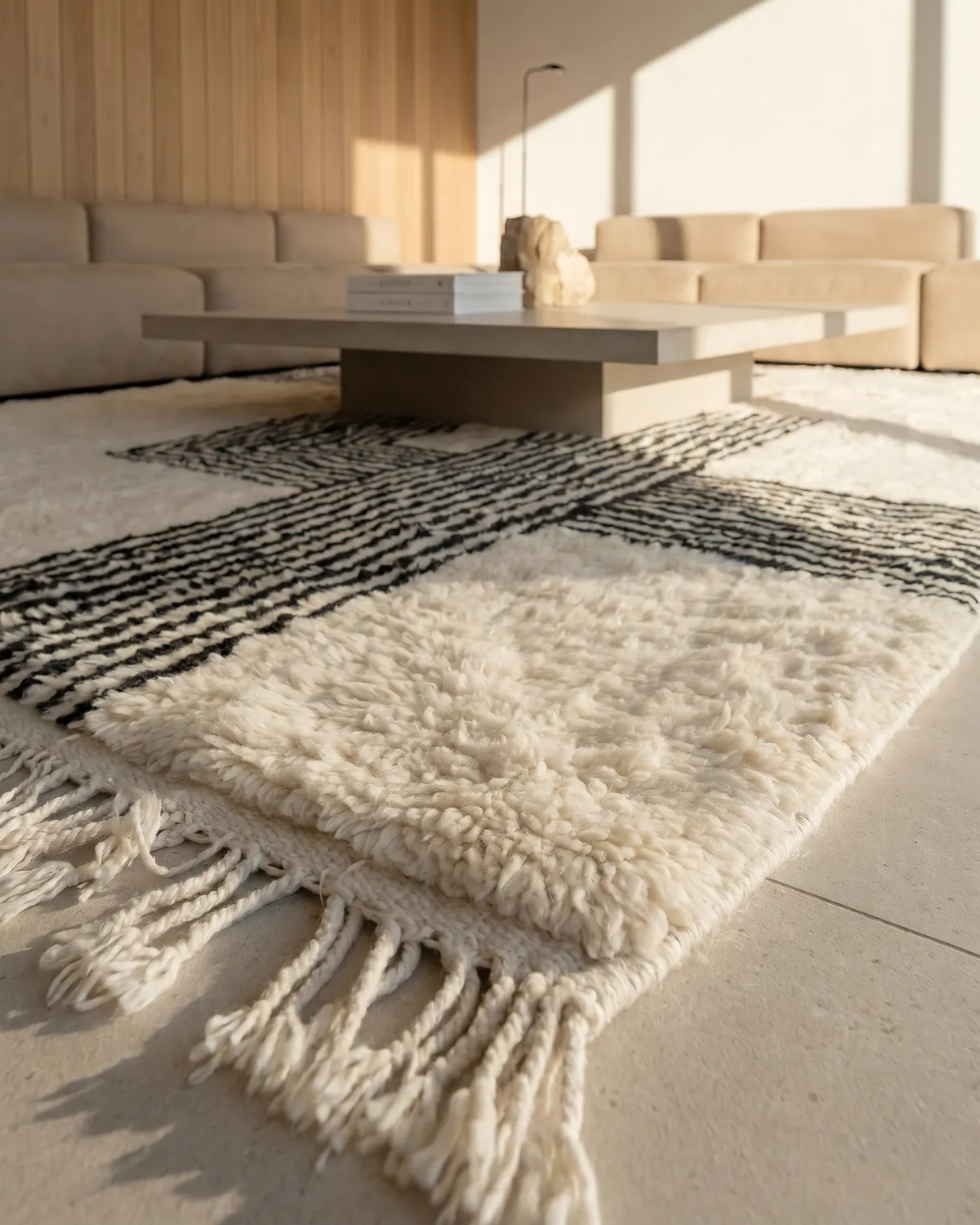 Tipi striped Moroccan wool rug – ground-level close-up of black line pattern and thick fringe in a sunlit room