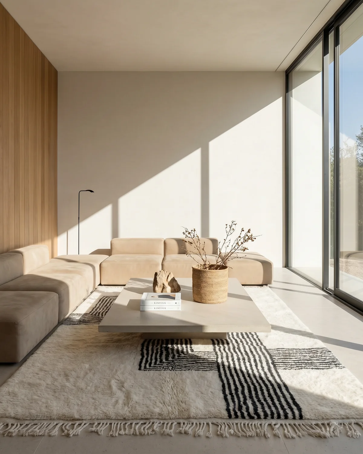 Tipi black and white graphic Moroccan rug – full interior view in a minimalist living room with concrete coffee table and floor-to-ceiling windows