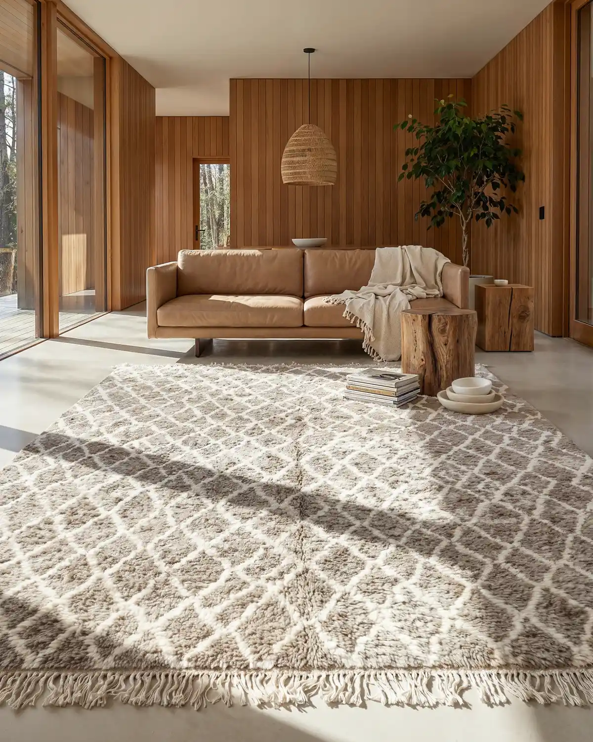 Deserelle Beni Ourain diamond rug – lifestyle view in a natural wood interior with leather sofa and rattan pendant