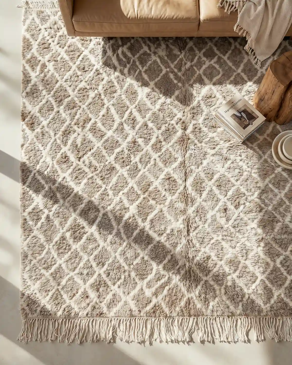 Deserelle shaggy diamond Moroccan rug – close-up of fluffy beige wool texture in a warm wood living roomv