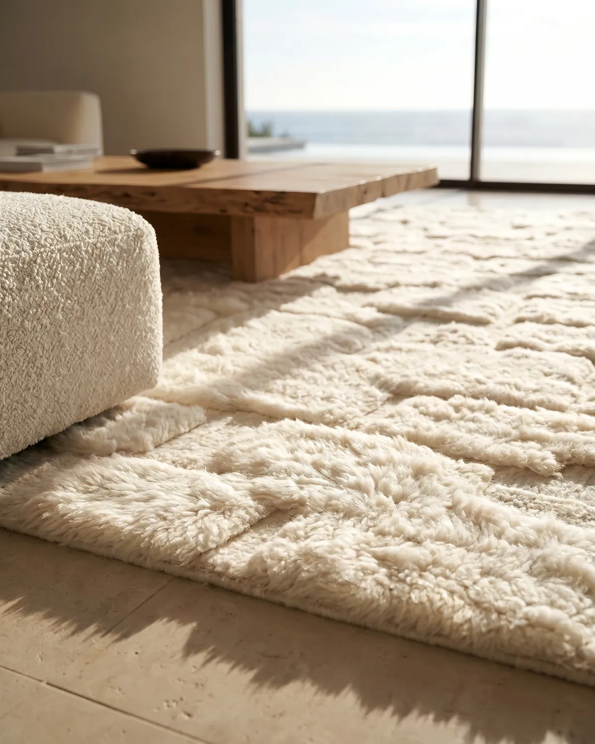 Soren fluffy white Moroccan rug – ground-level close-up of raised wool texture in a coastal living room