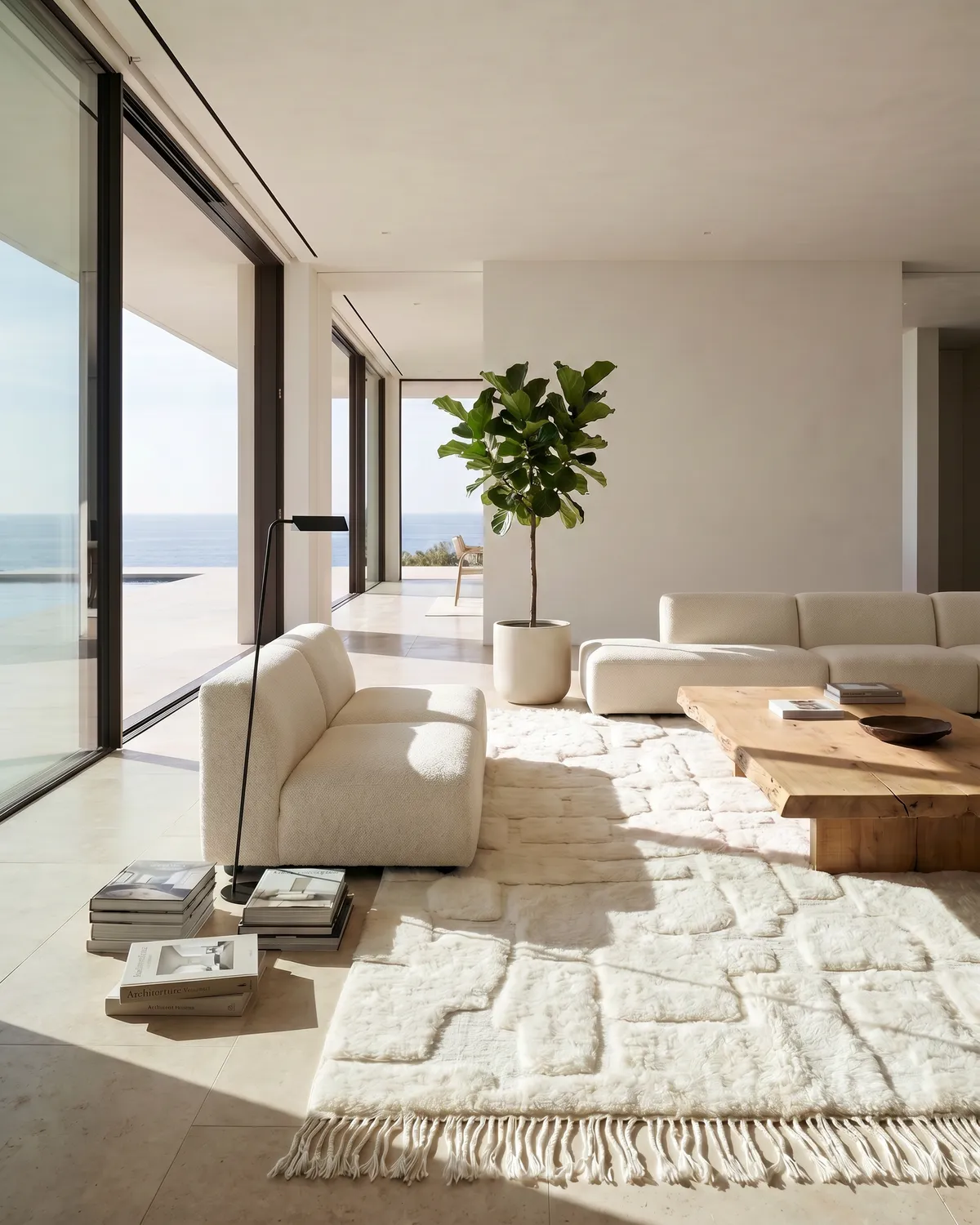 Soren ivory textured rug – full interior view in a bright oceanfront living room with white sofa and wood coffee table