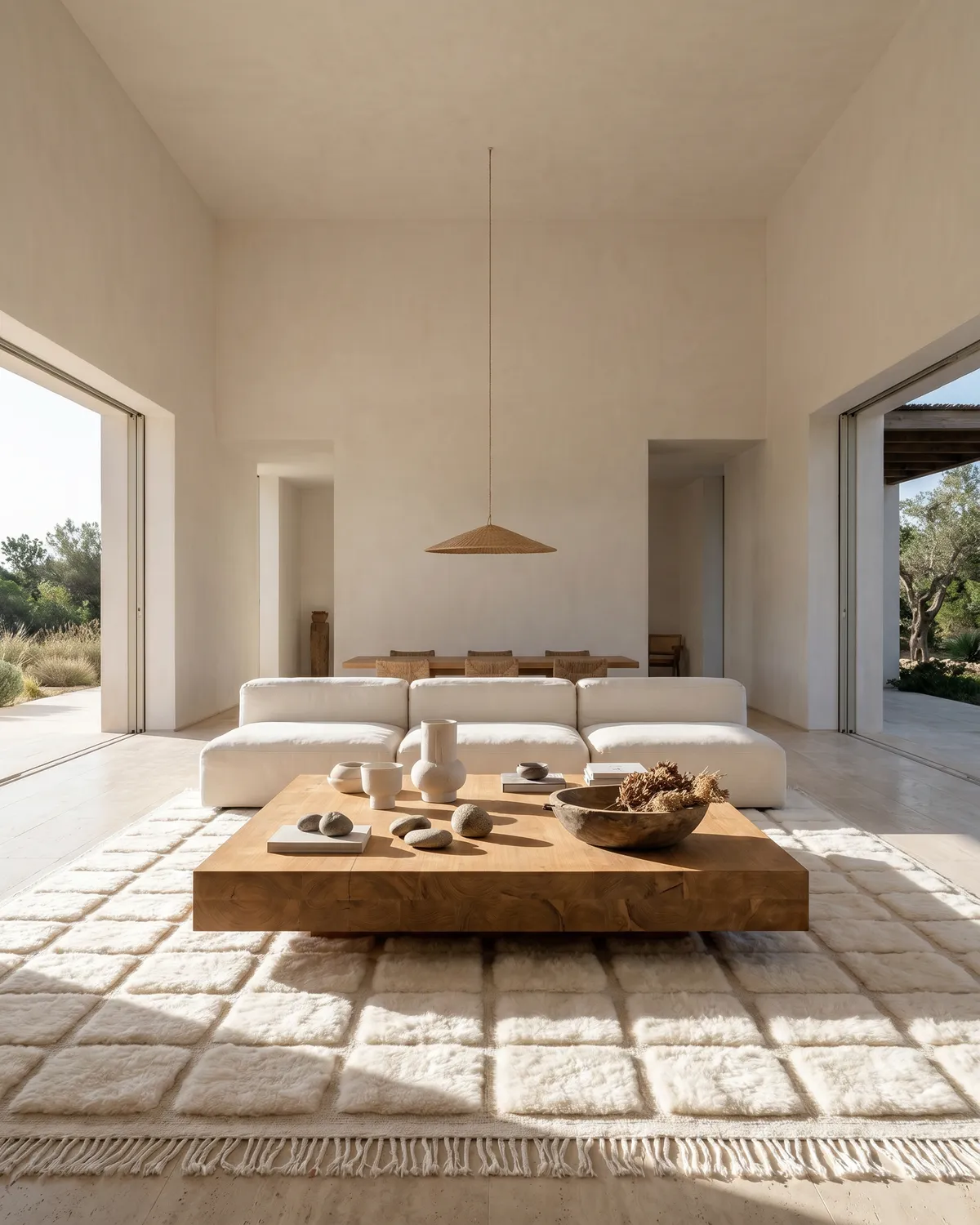 Claranis ivory grid Moroccan rug – full interior view in a bright minimalist living room with wood coffee table and rattan pendant