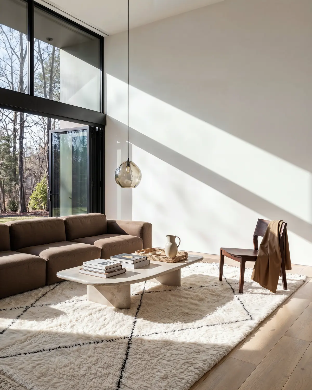 Melo ivory Beni Ourain rug – full interior view in a bright double-height living room with brown sofa and travertine coffee table