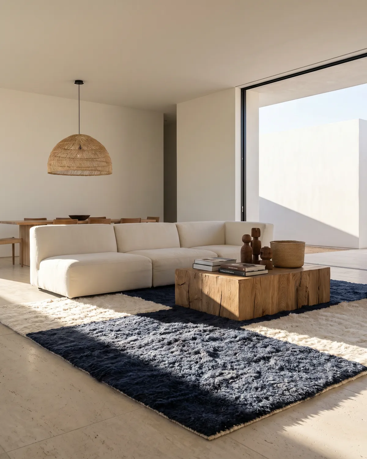 Lunama blue and white color block rug – full interior view in a bright minimalist room with white sofa and raw wood coffee table
