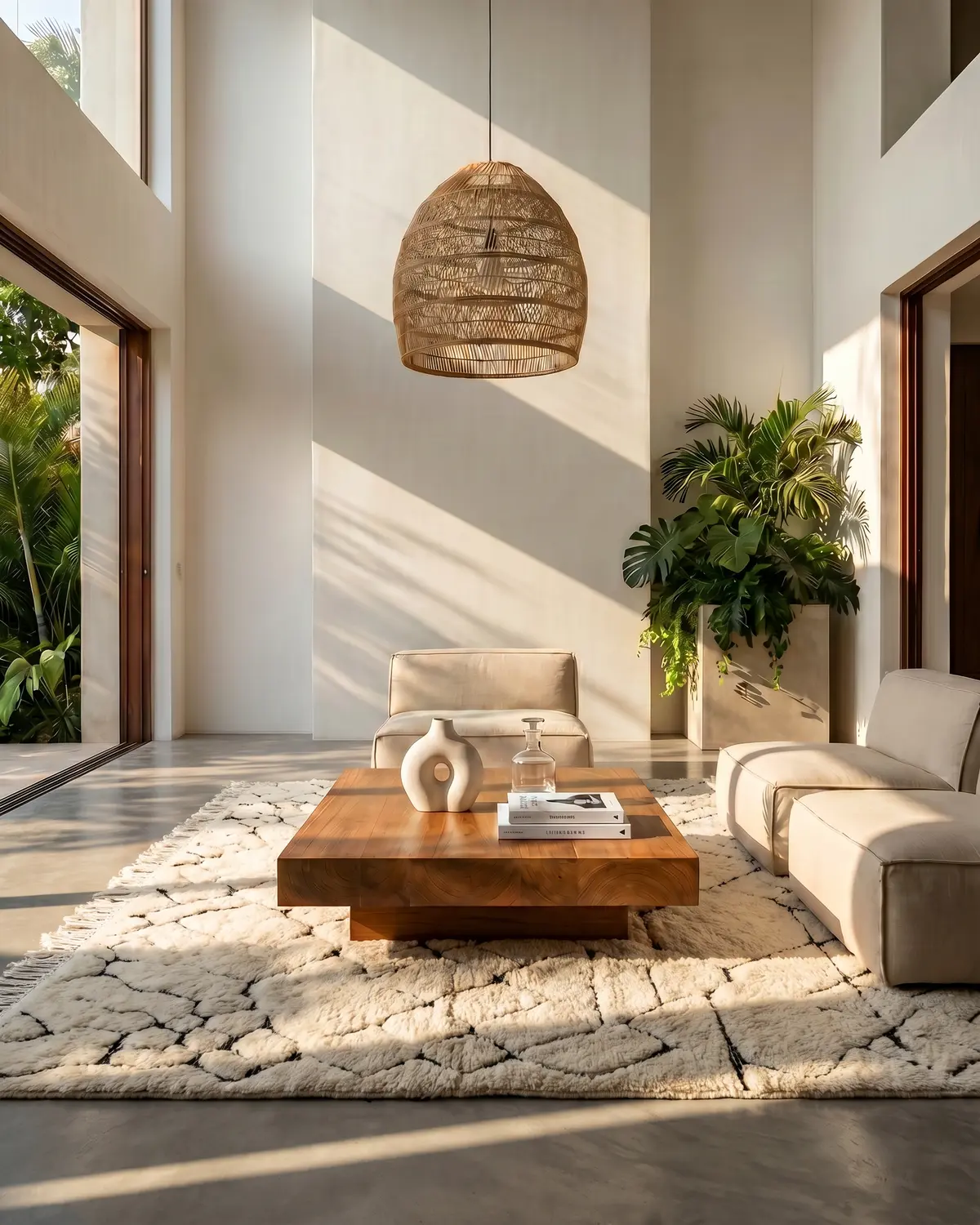 Velunithia ivory organic Moroccan rug – full interior view in a bright tropical living room with wood coffee table and rattan pendant light