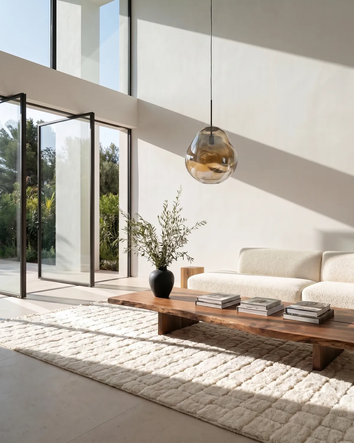 Louis ivory rectangular block Moroccan rug – full interior view in a bright double-height living room with white bouclé sofa and raw wood coffee table