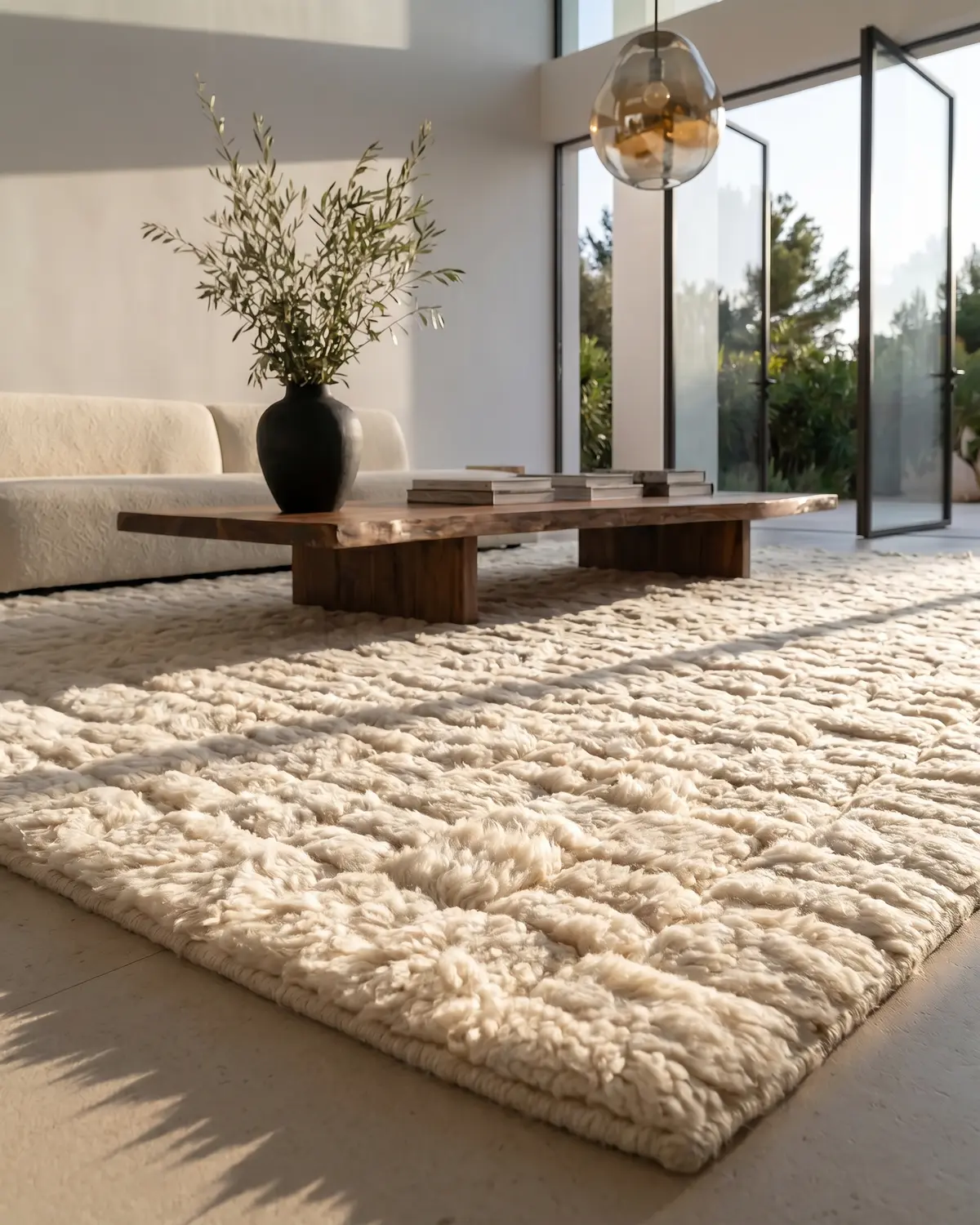 Louis fluffy ivory textured rug – ground-level close-up of raised rectangular pattern in a minimalist room with white sofa and black vase