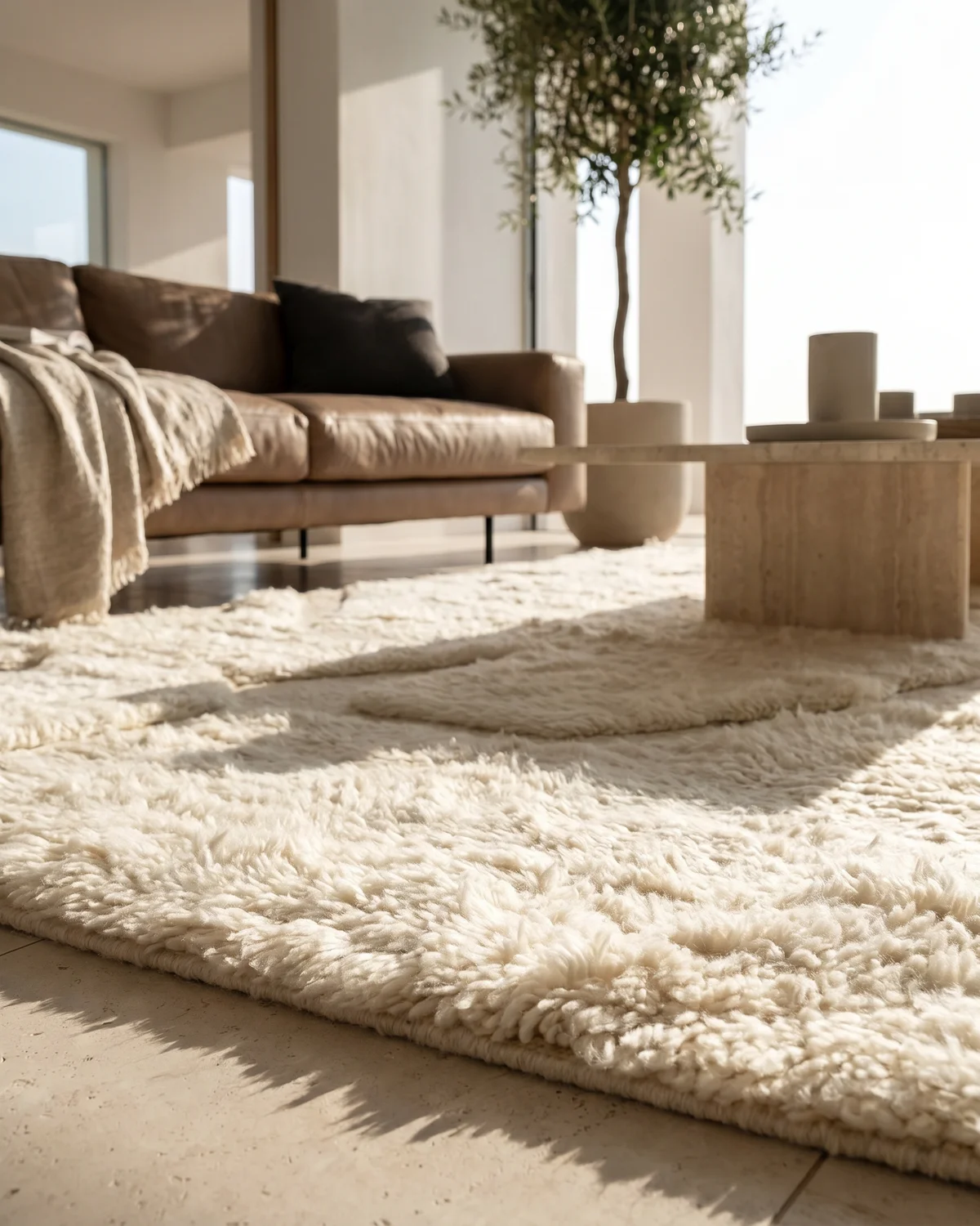 Moroccan rug in ivory wool, close-up texture detail in a warm minimalist living room – Arven