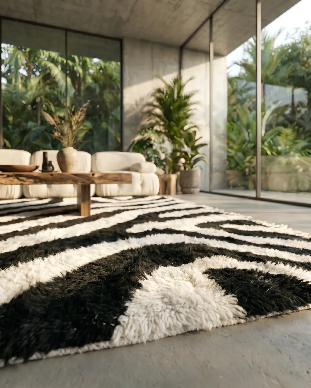 Arven Jade Moroccan rug with swirling black and white pattern in a modern concrete living room with tropical garden view