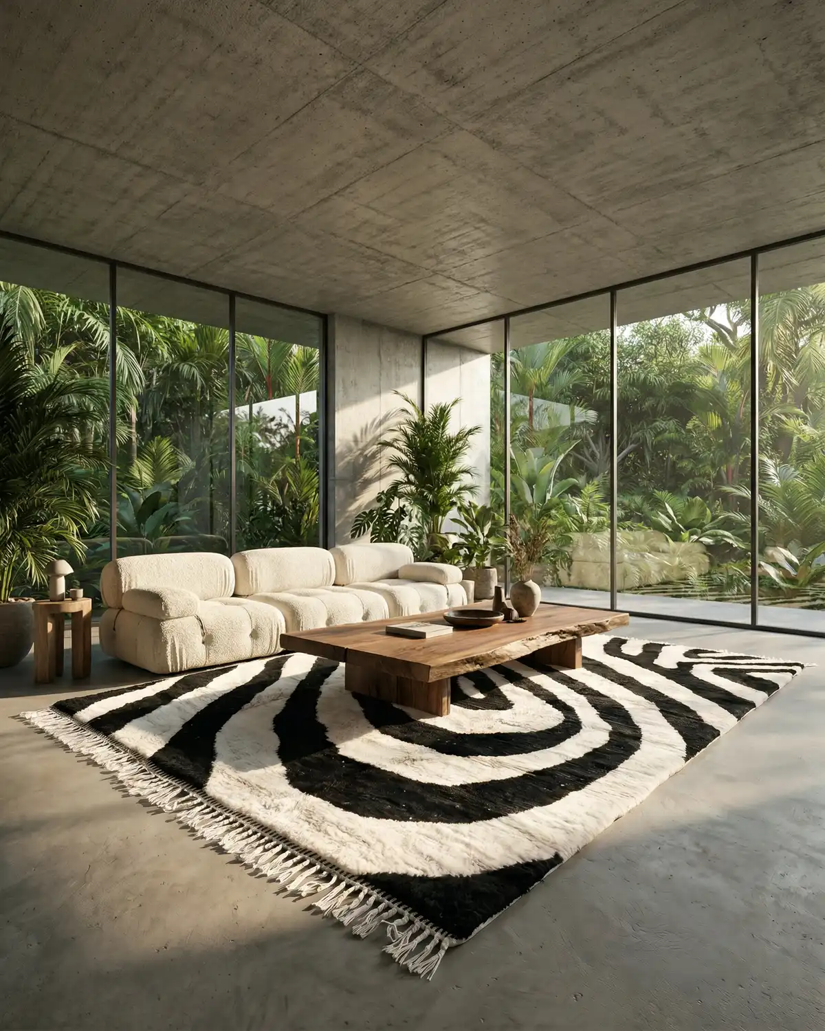 Close-up of Arven Jade Moroccan rug showing thick black and ivory wool stripes, handwoven texture detail