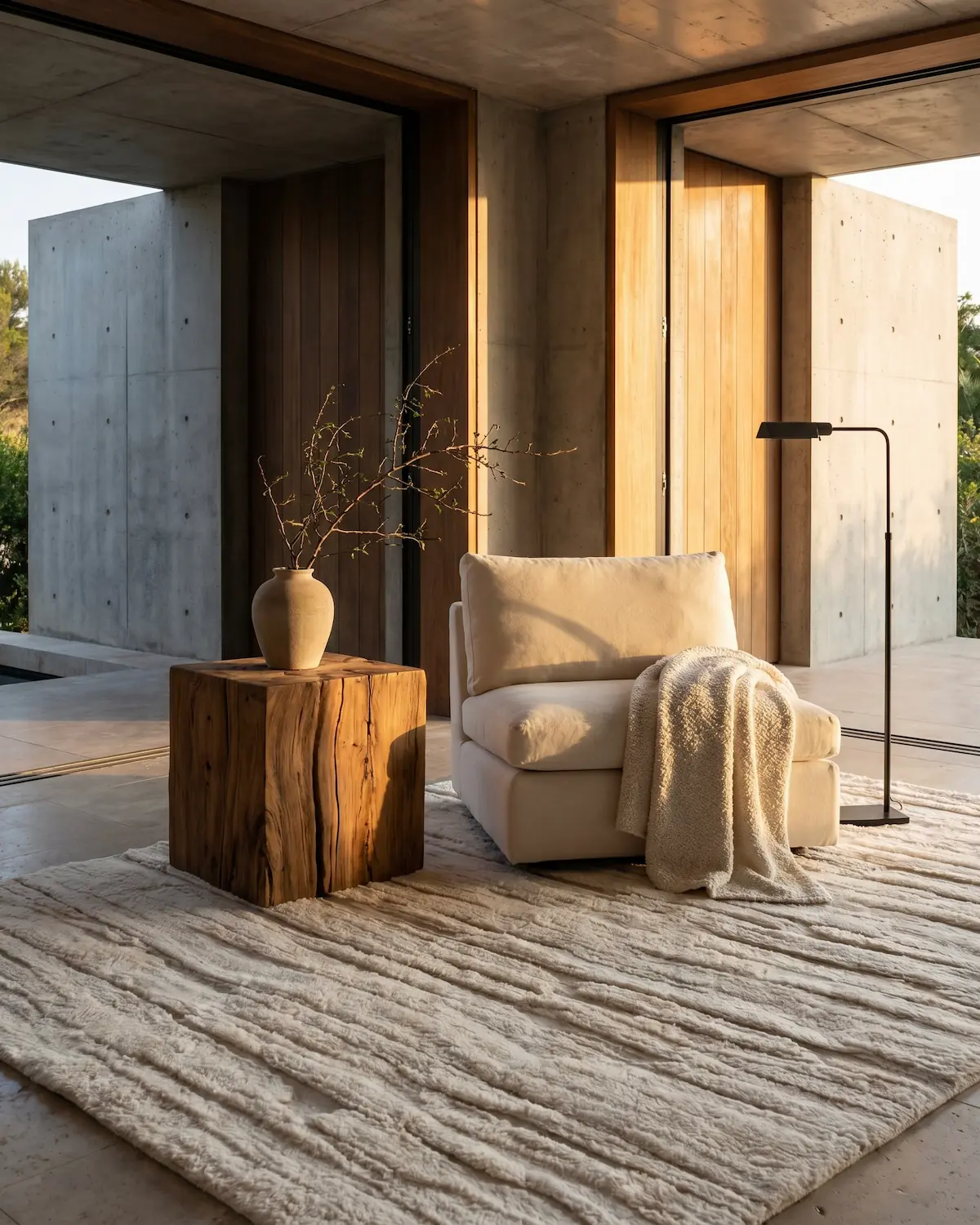 Lili organic wool rug – full interior view in a concrete and wood architectural space with armchair and raw wood side table