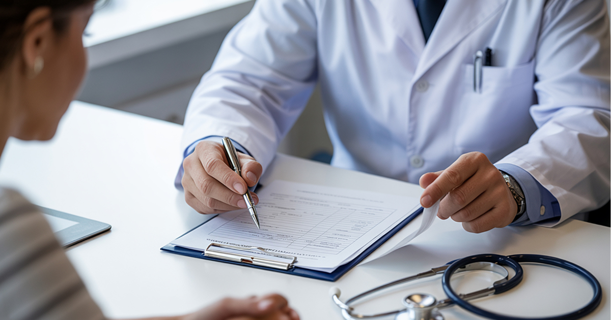 Doctor and patient having an in person consultation.