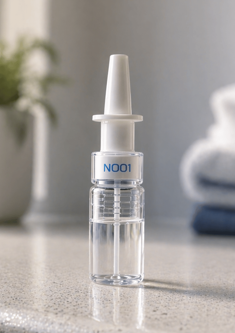 Clear plastic nasal spray bottle with a white nozzle labeled N001 on a countertop.
