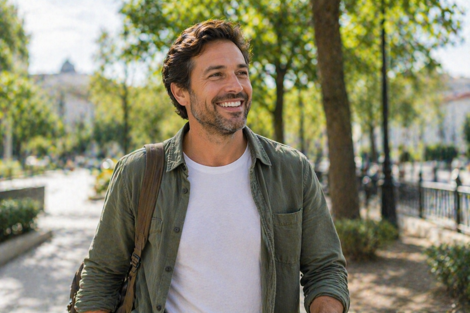 Smiling man with a beard wearing a white t-shirt and green shirt walking outdoors on a sunny day.