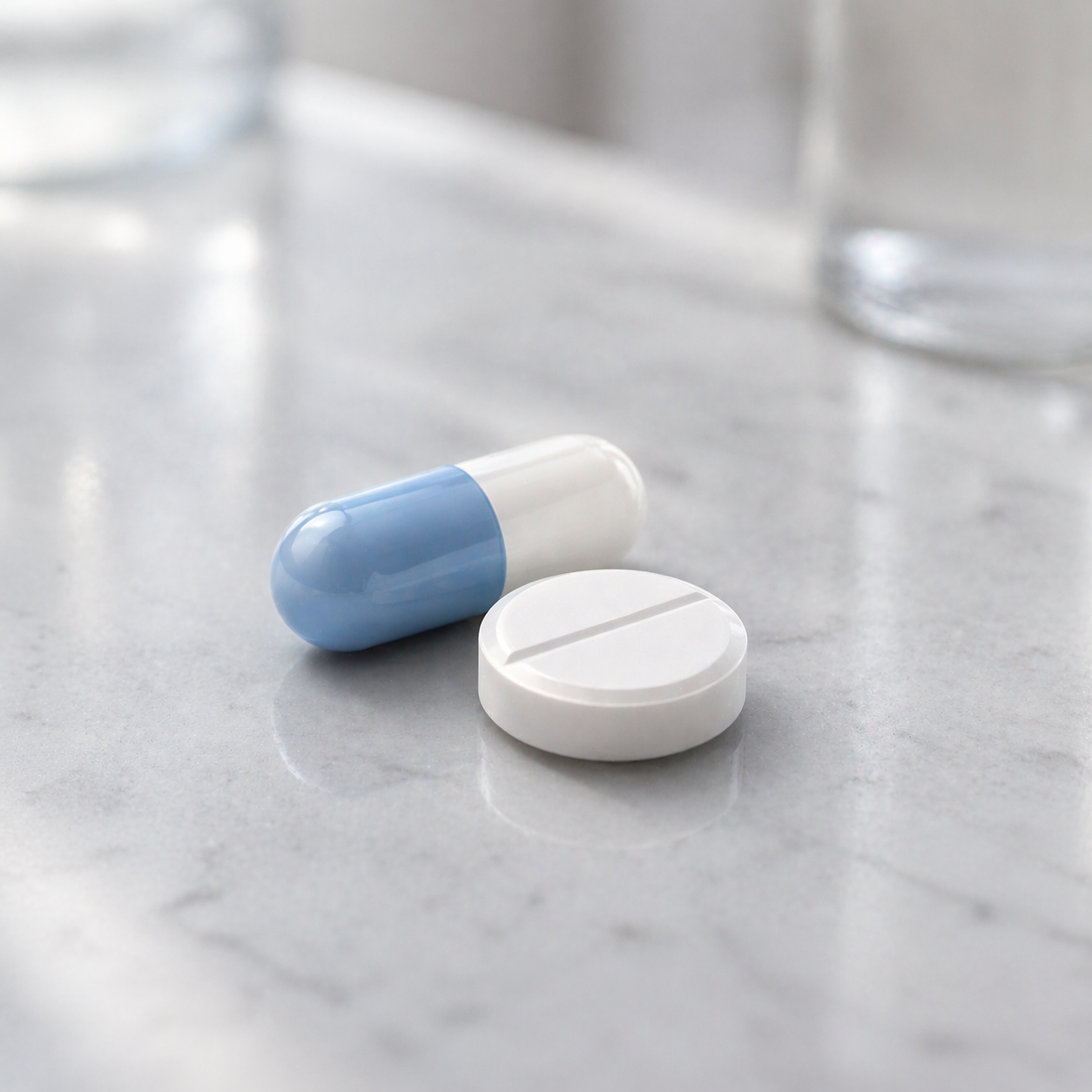 Blue and white capsule pill next to a round white tablet on a marble surface.