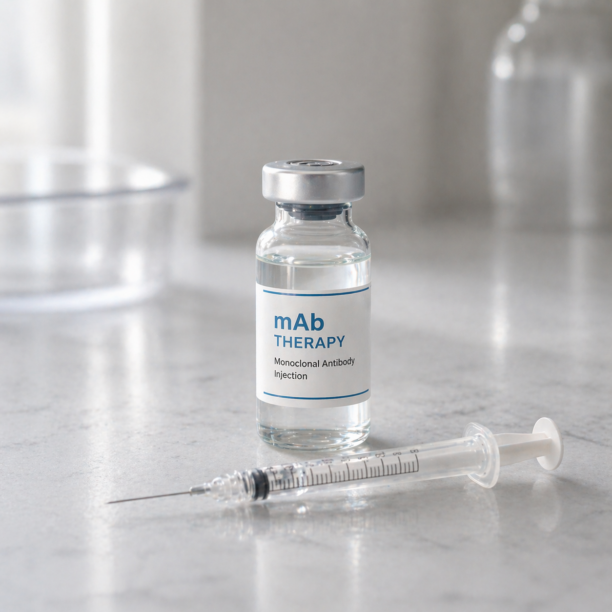Vial of monoclonal antibody injection labeled mAb Therapy and a syringe on a marble surface.