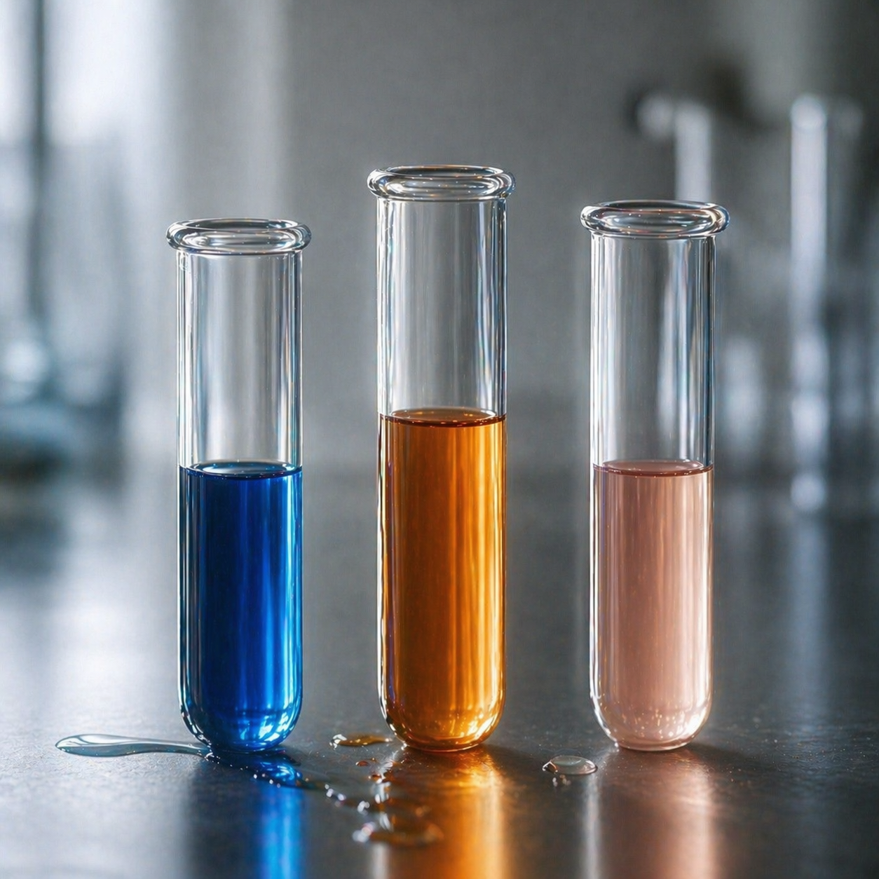 Three test tubes on a reflective surface, filled with blue, orange, and pink liquids, with some liquid spilled near the blue test tube.