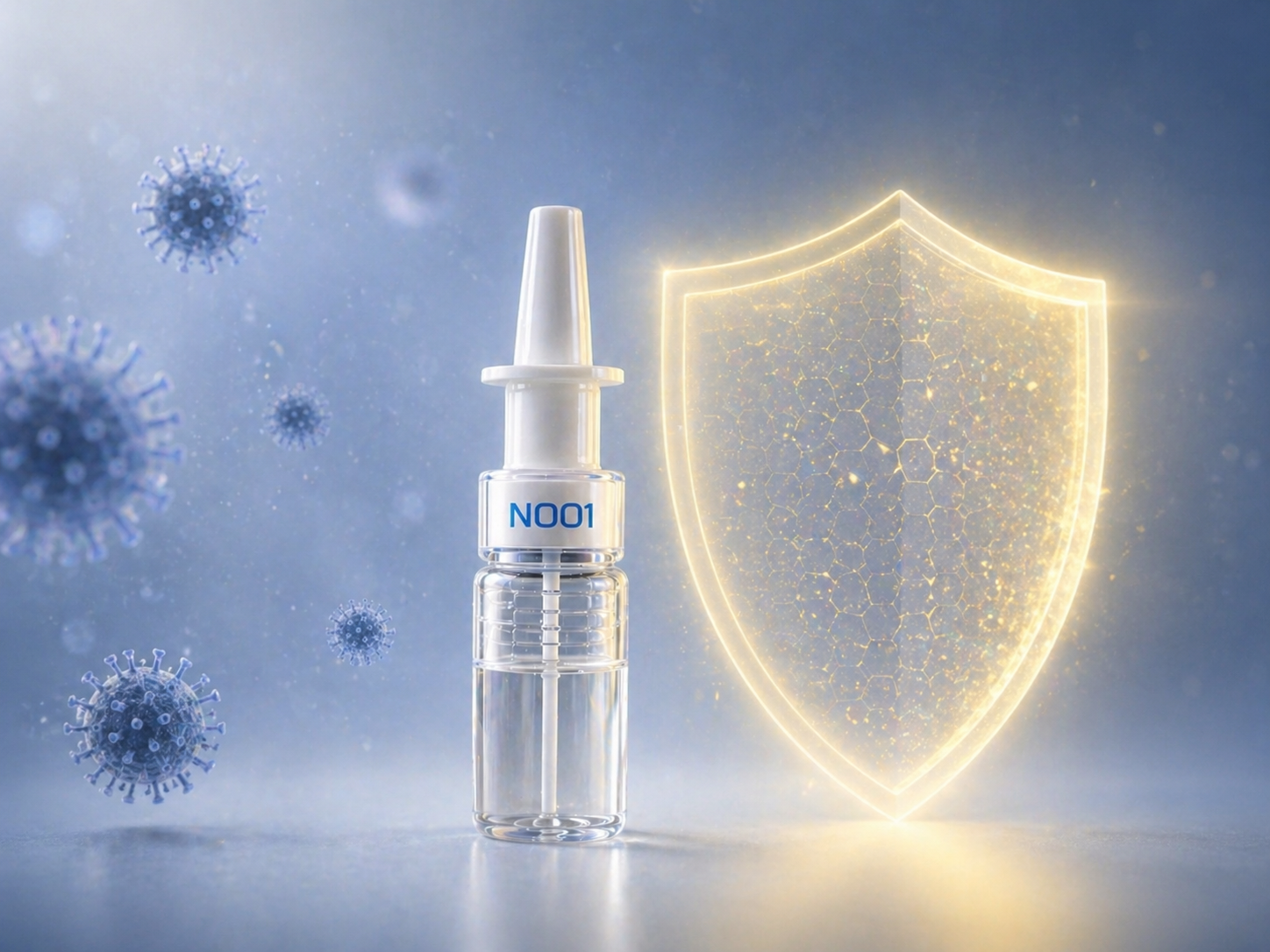 Nasal spray bottle labeled N001 next to a glowing shield symbolizing protection against floating viruses.