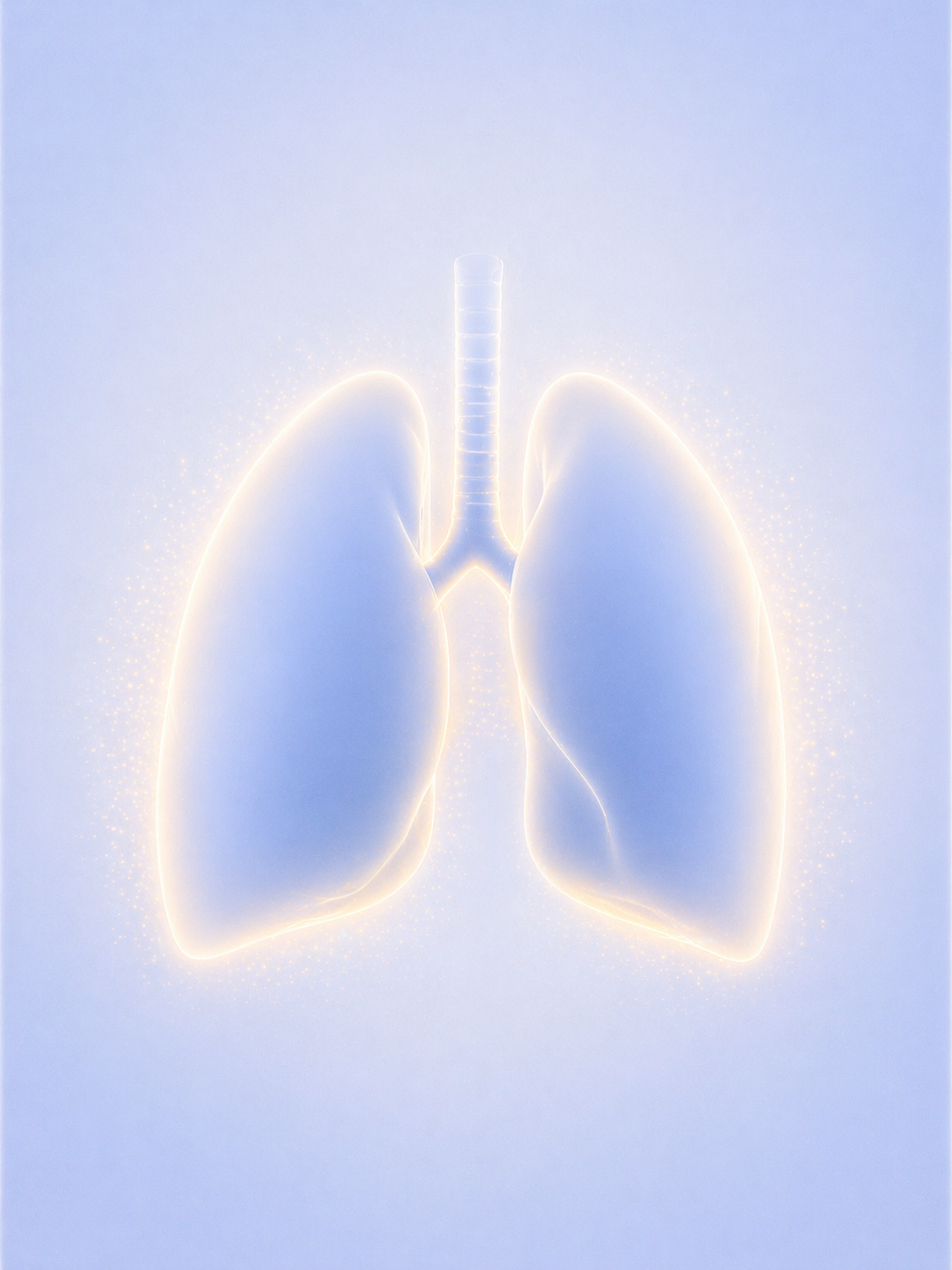 Glowing illustration of human lungs and trachea on a light blue background.