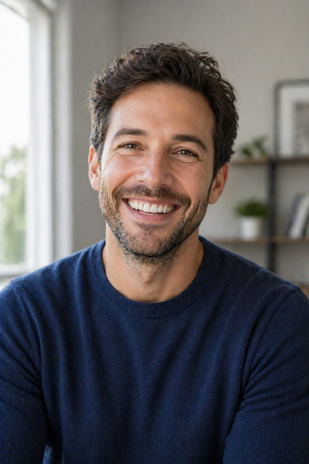 Smiling man with curly dark hair and beard wearing a navy blue sweater indoors.