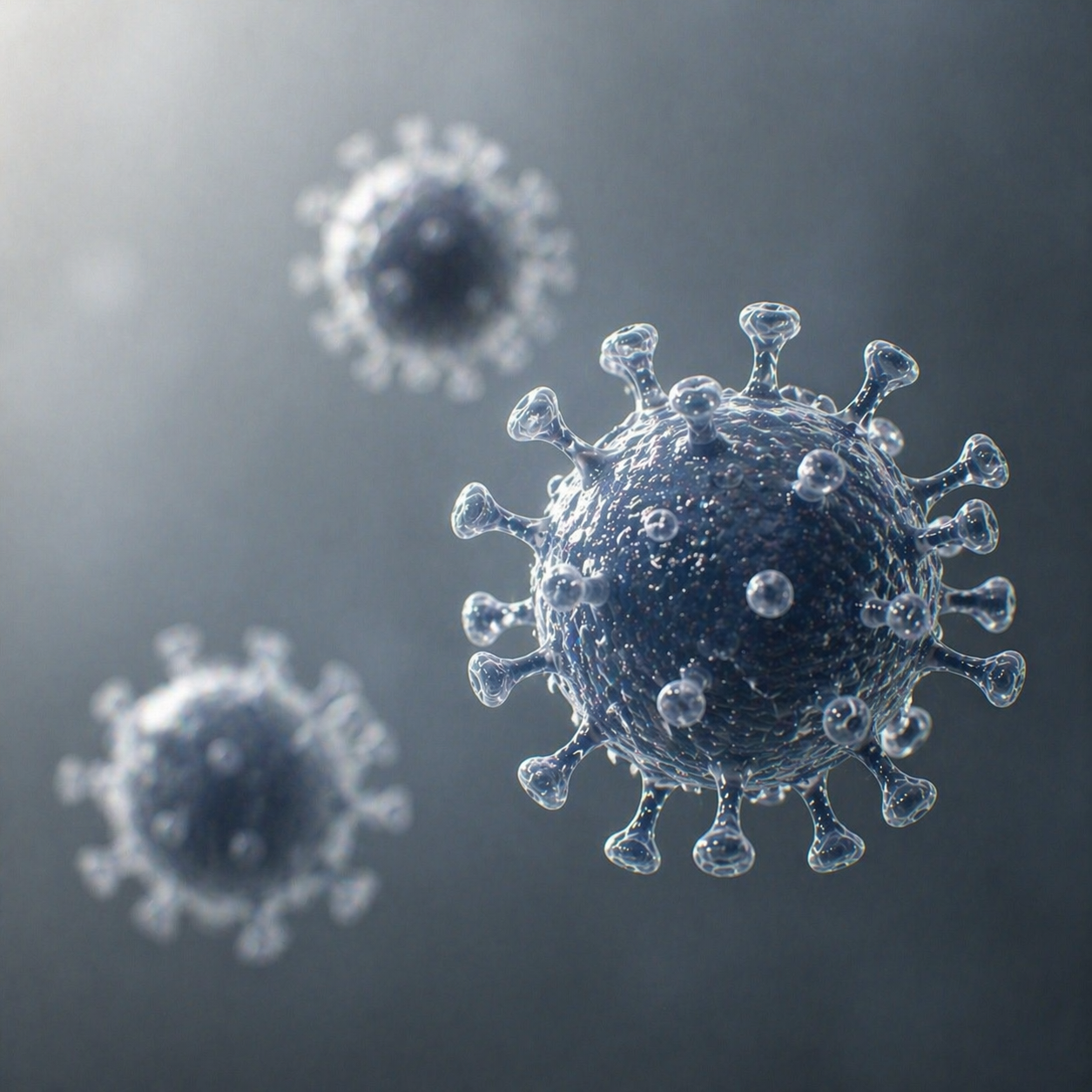 Close-up 3D rendering of coronavirus particles with spike proteins on a gray background.