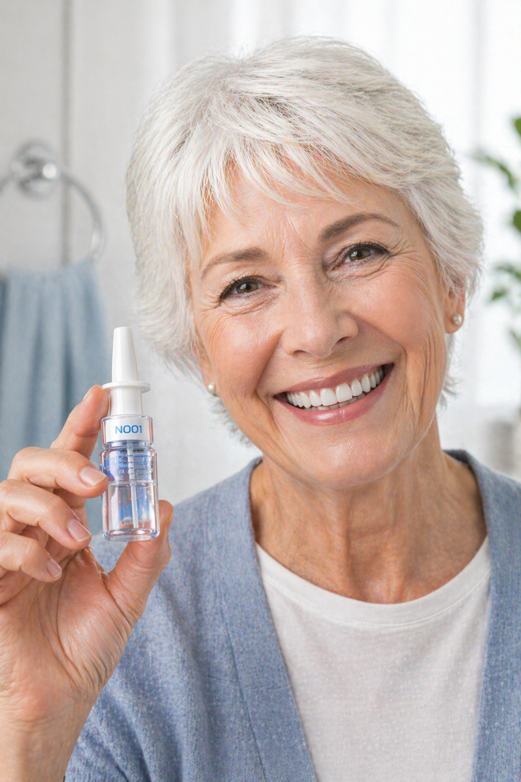 Smiling elderly woman with short white hair holding a small clear nasal spray bottle labeled NO01.