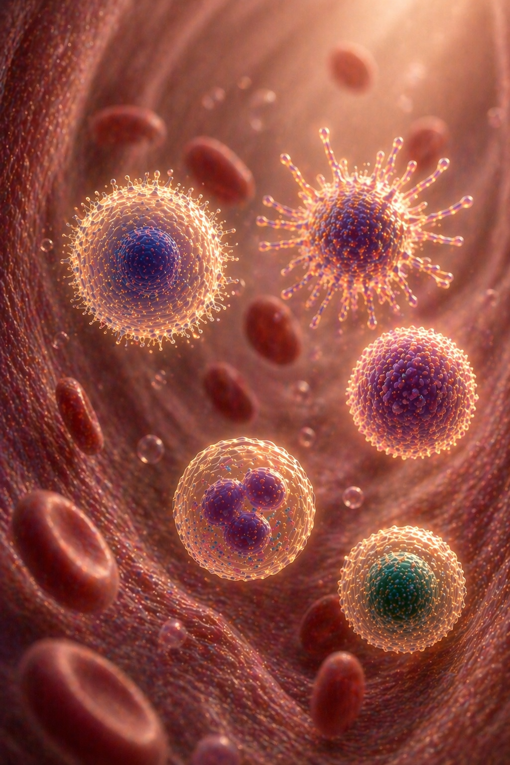 3D illustration of viruses and red blood cells inside a blood vessel.