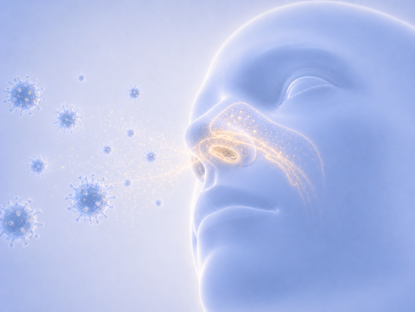 Illustration of blue virus particles entering a glowing human nose and nasal cavity.