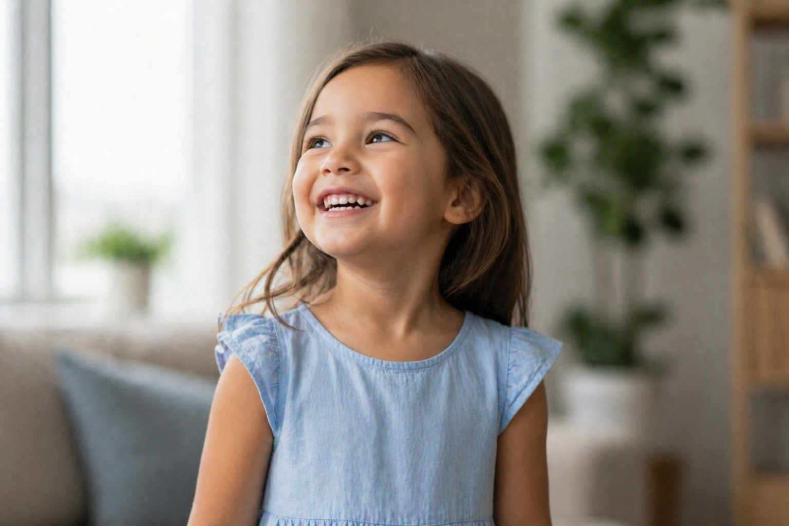 Smiling young girl with long brown hair wearing a light blue dress indoors.