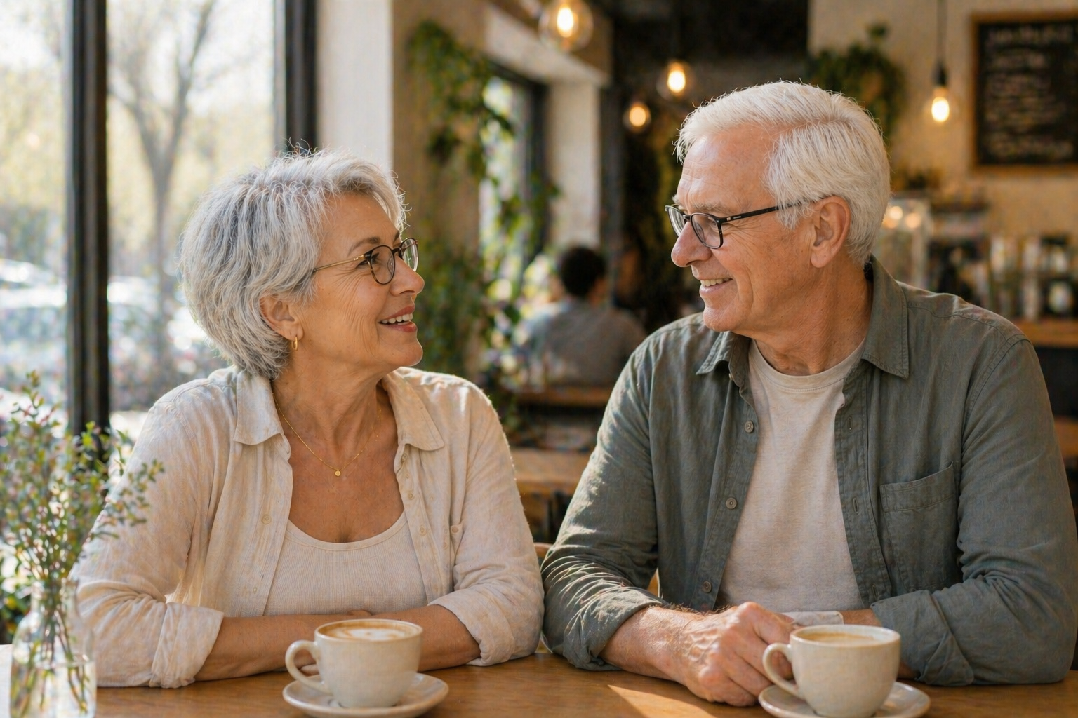 Older couple with gray hair and glasses smiling at each other while sitting at a café table with coffee cups.