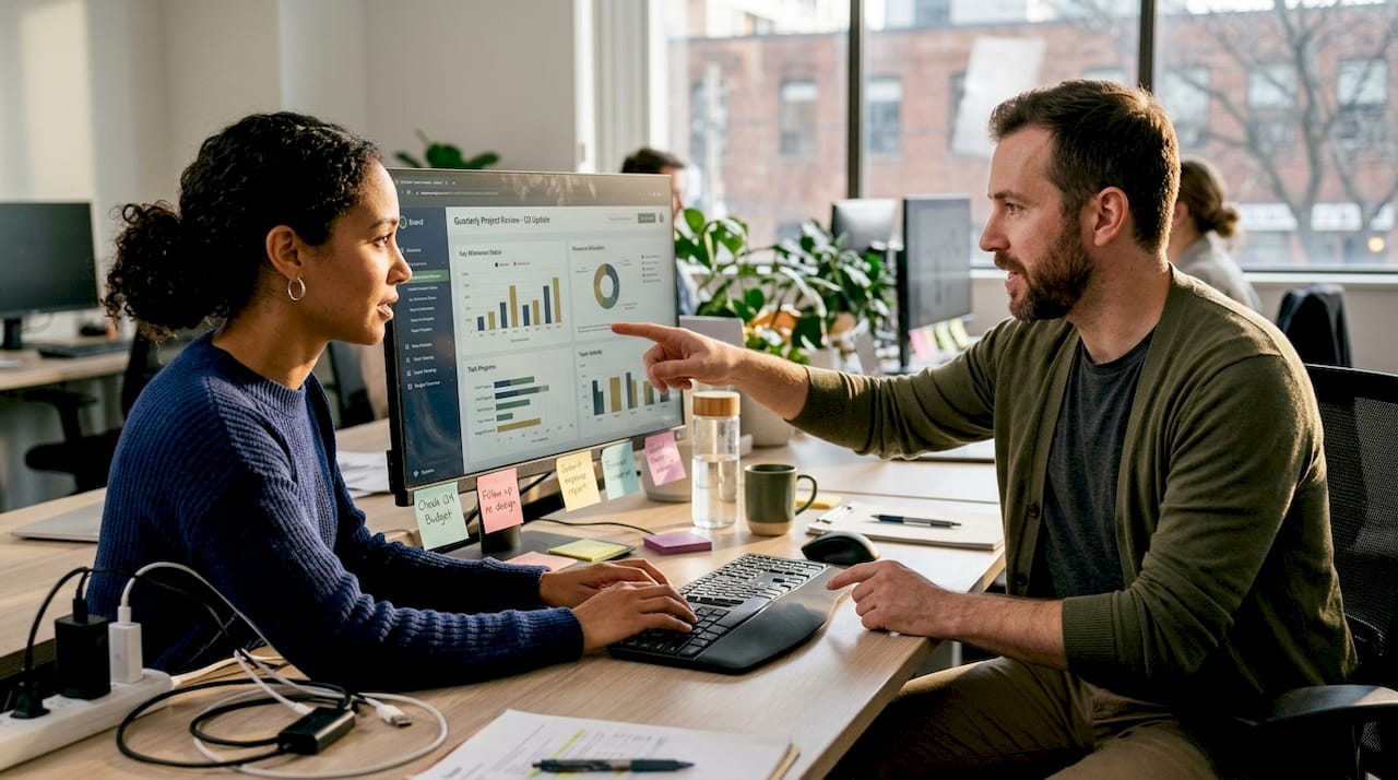 Two colleagues review project dashboard at workspace