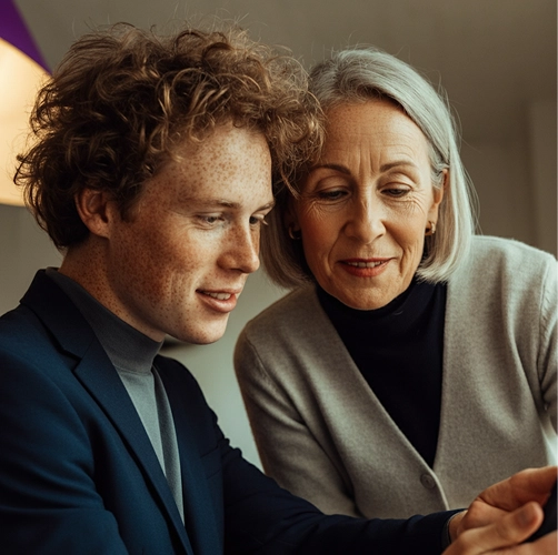 Young man and older woman looking at a tablet together in a warm lit room