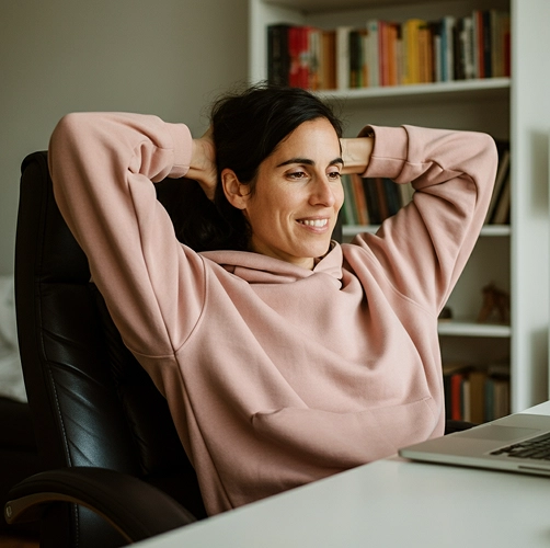 Smiling woman in a pink hoodie leaning back in her office chair beside a bookshelf
