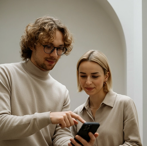 Two colleagues reviewing a mobile app on a smartphone together