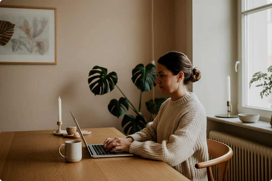 Woman working on a laptop at a wooden table in a calm, plant-filled home office