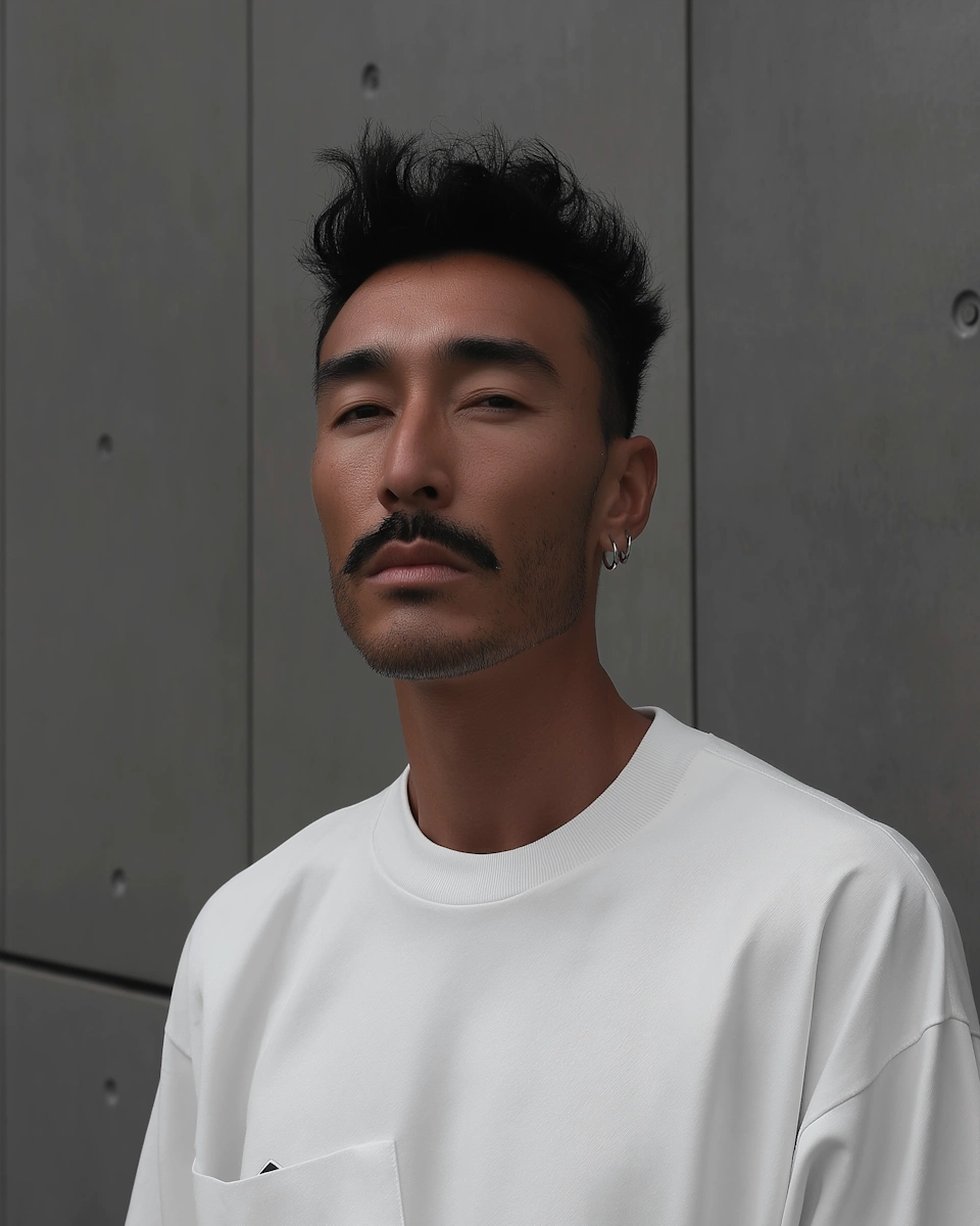 Portrait of a man with a mustache in a white T-shirt against a concrete wall