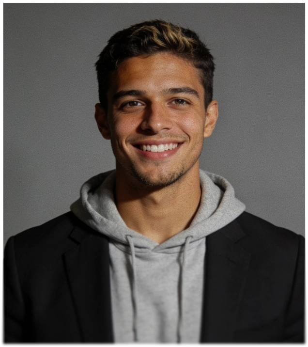 Smiling man in a gray hoodie and black blazer