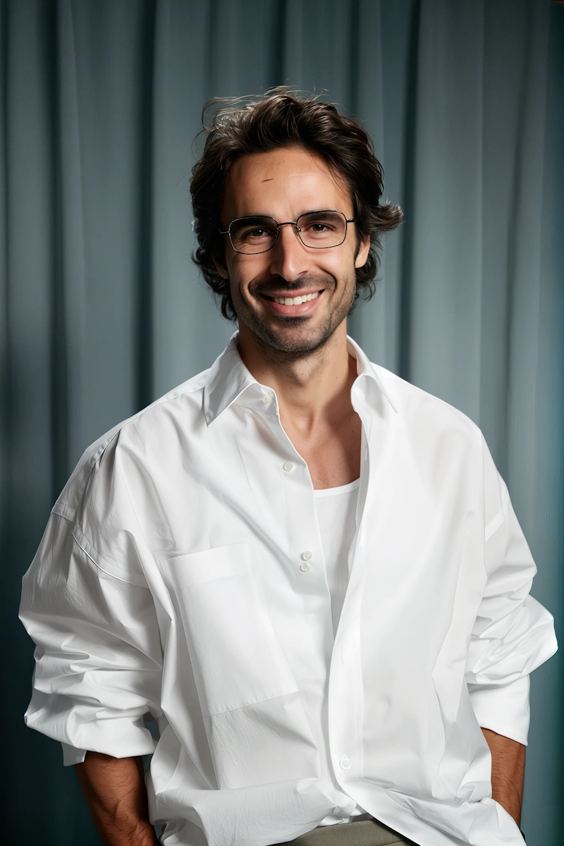 Smiling man with glasses in a white shirt