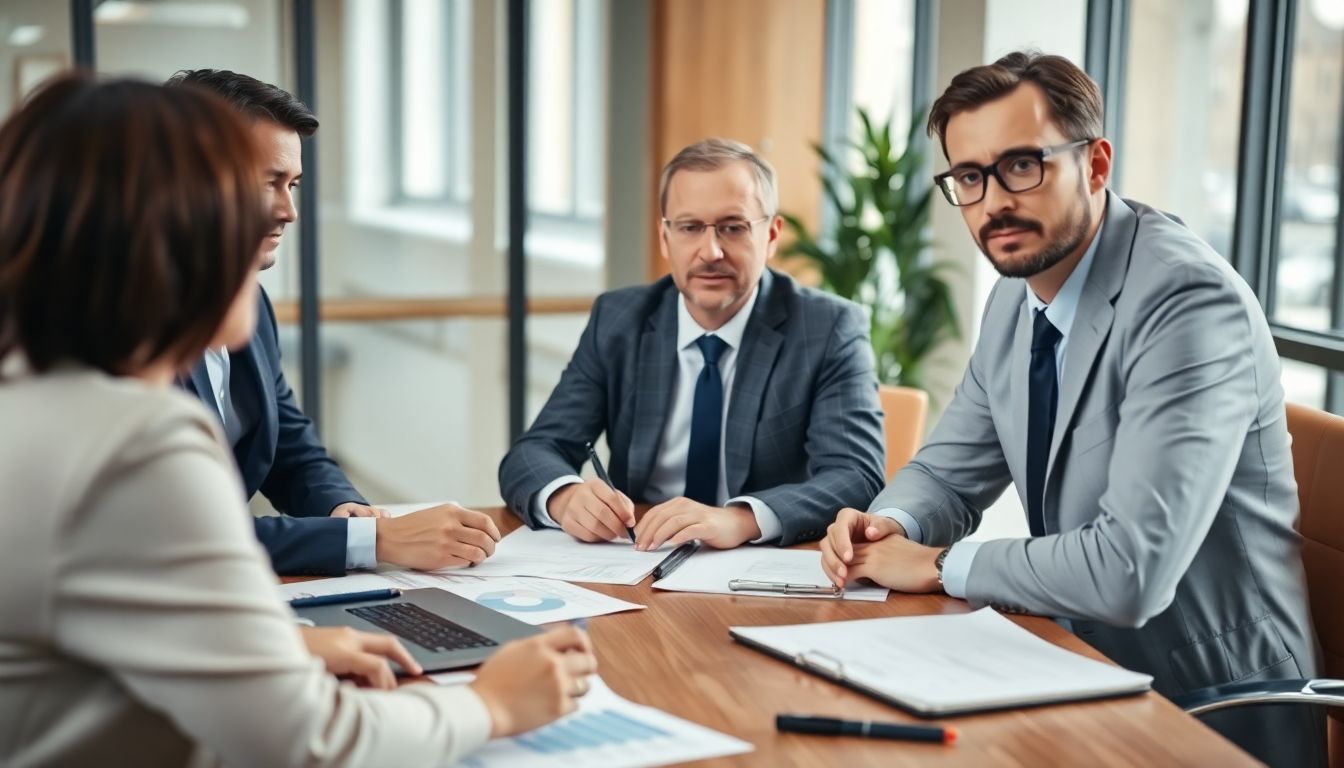 Managementmeeting in modernem Büro mit Charts, Laptop und Unterlagen zur Analyse von Restrukturierungsprojekten