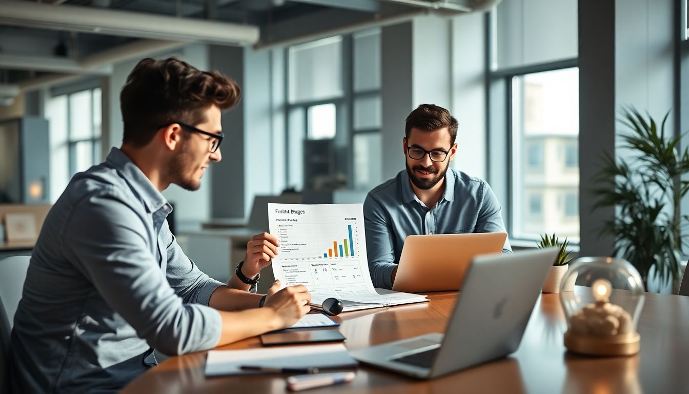 Junge Gründer im modernen Büro prüfen Förderbudget und Laptop; Prototyp auf dem Tisch