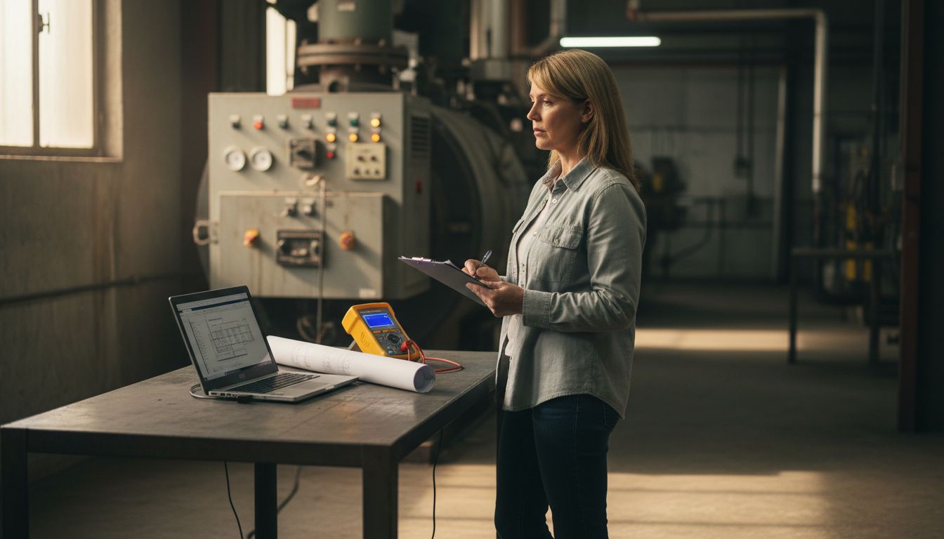 Kleinunternehmer prüft Energieaudit-Checkliste im Heizraum mit Boiler, Messgerät, Laptop und Dämmplan; foerderung energieeffizienz geprüft