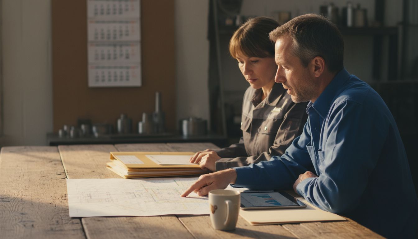 Firmenmanager und Produktionsleiter prüfen eine Prozesskarte am Holztisch; prozessoptimierung im mittelstand, Tablet und Ordner daneben