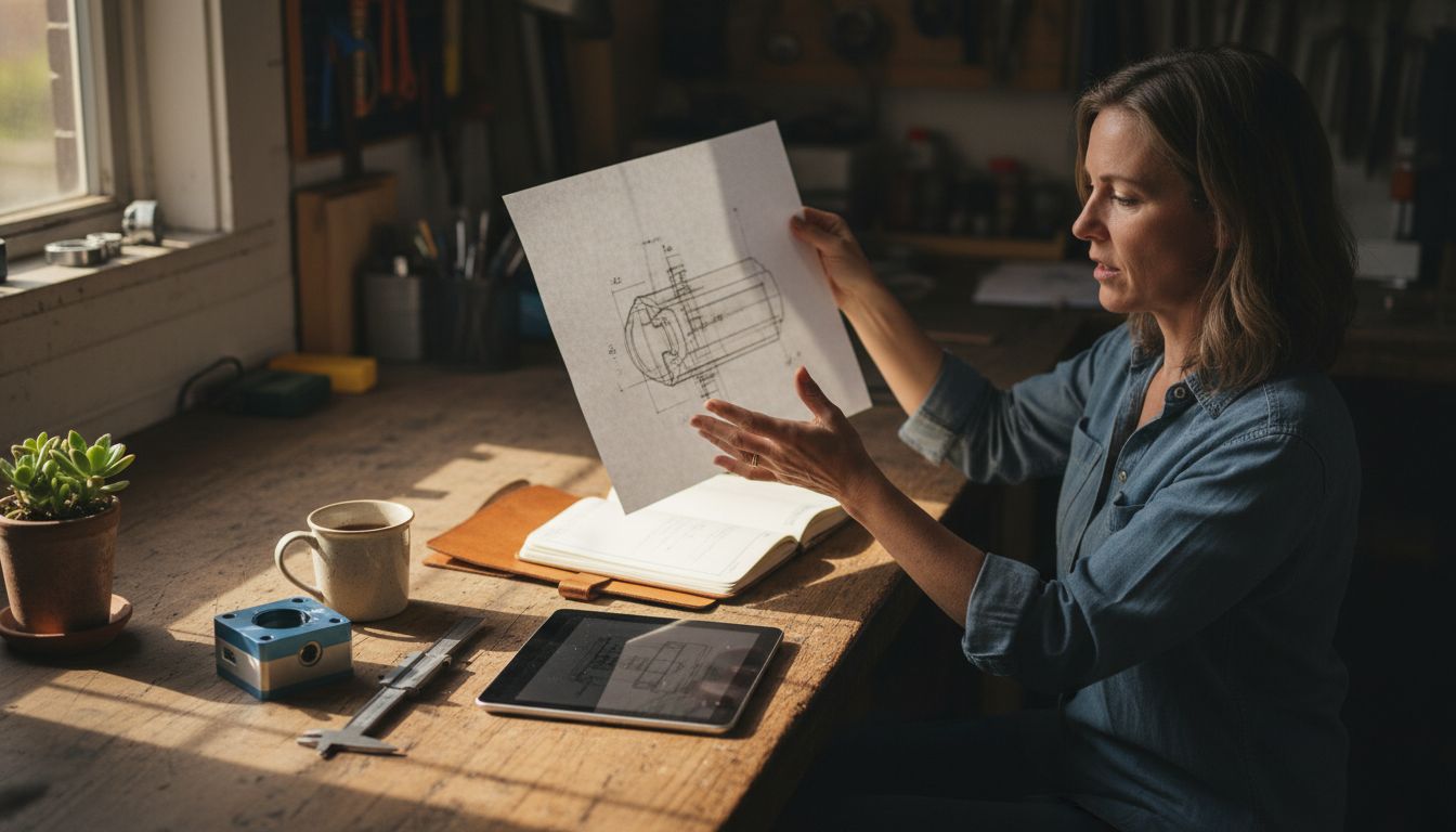 Kleinunternehmer prüft Prototypskizze am Werktisch mit Tablet, Notizbuch, Messschieber und Pflanze; Innovationsförderung im Fokus