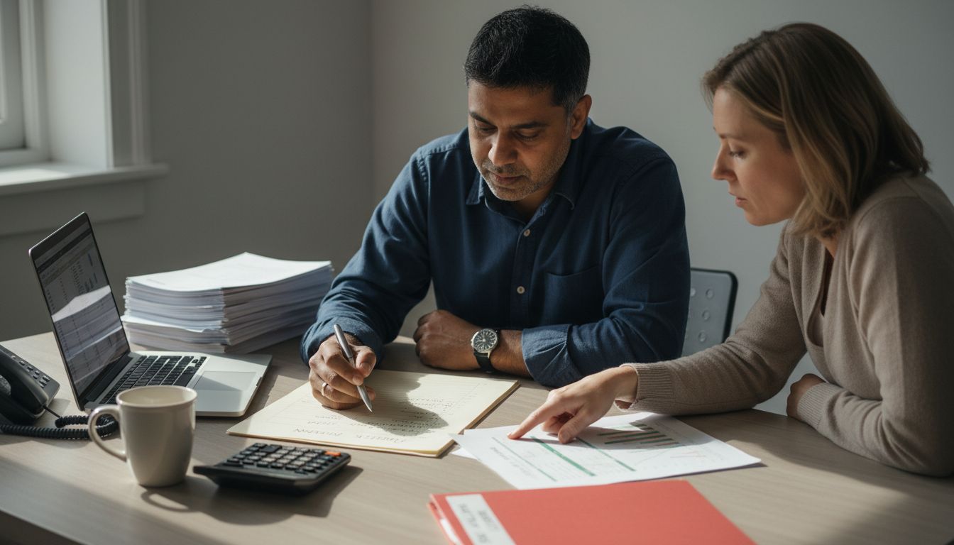 Manager prüft handschriftlichen Maßnahmenplan neben Laptop und Rechnungen; Kollege zeigt auf Cashflow-Liste beim Krisenmanagement in KMU